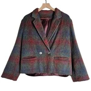 Vintage Stanley Blacker‎ Fuzzy Wool Plaid Blazer Jacket Women's 12 Blue Maroon